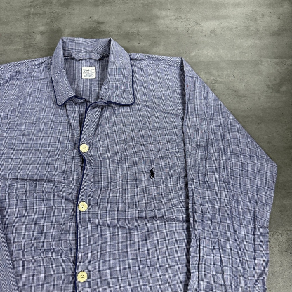 Polo Ralph Lauren Pajama Top Mens S/M Blue White Glen Plaid Cotton Sleep Shirt